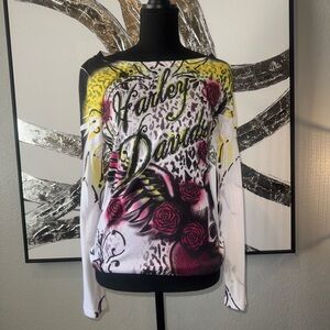 Harley-Davidson Women's Yellow & Pink Leopard Graphic Long Sleeve Top